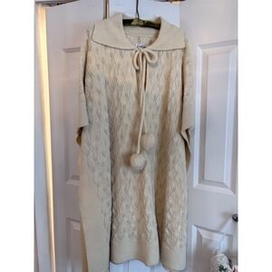 Vintage Cuddle Knit Cream Open Knit‎ Poncho with Pom-Pom Tie